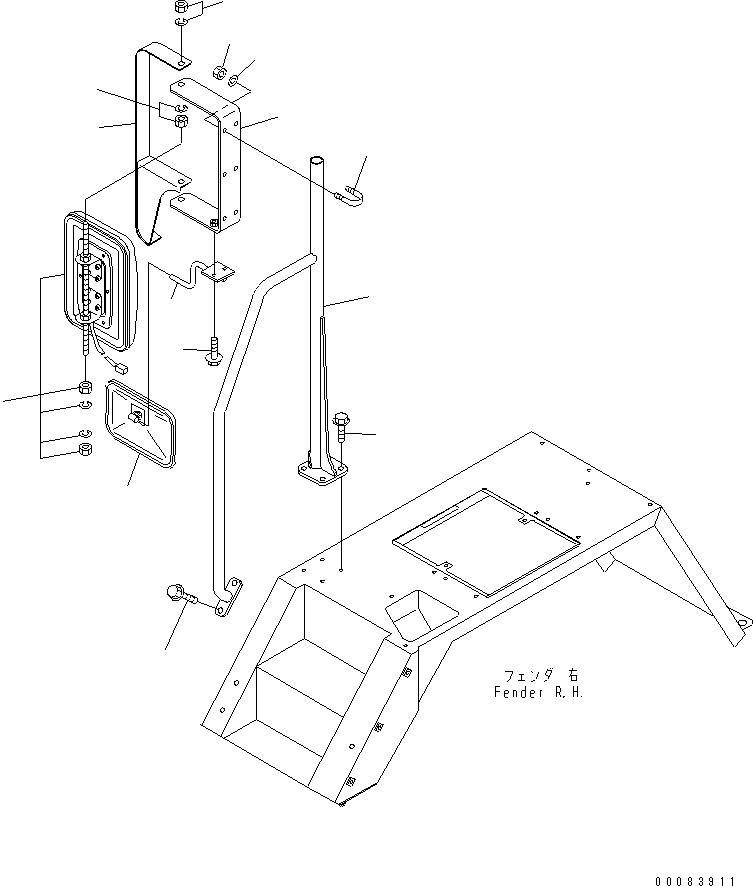 Komatsu parts book diagram for HM300-1 S/N 1001-UP: FENDER SUB ASS'Y (R.H.) (SIDE MIRROR AND HAND RAIL) (WITH ADDITIONAL SIDE MIRROR) (HEATER MIRROR)(#1626-)