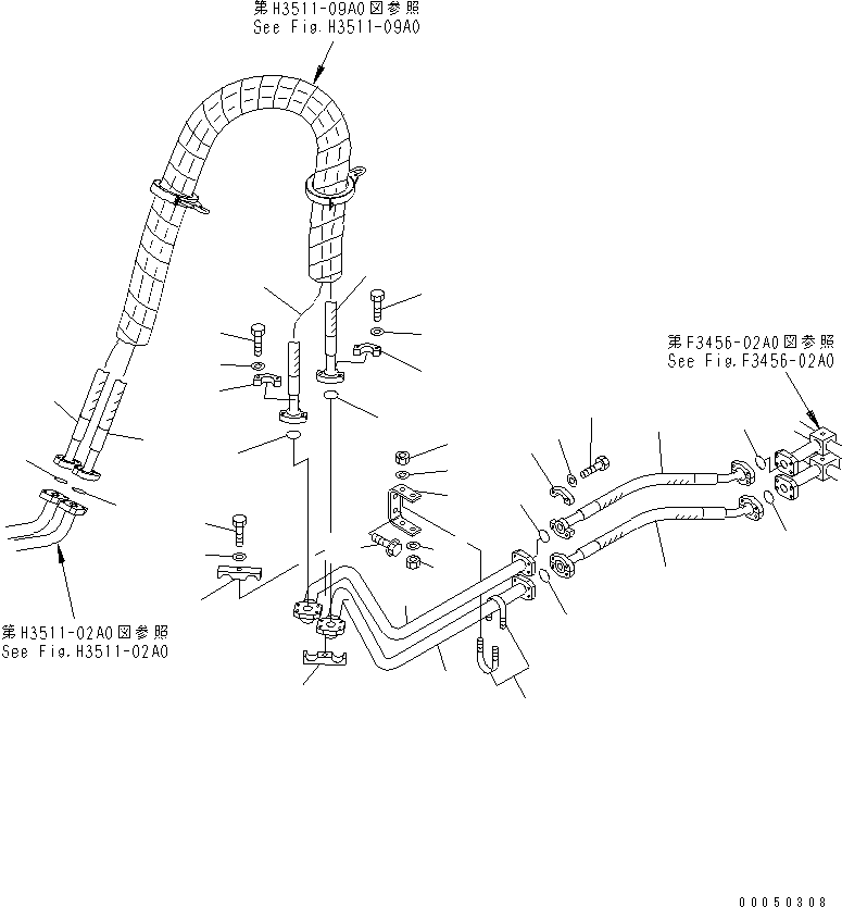 Dump Trucks Komatsu / HM300-2 S/N 2001-2784 (ecot3, For EU)(hm300-2c) / BRAKE COOLING PIPING (BRAKE LINE ? REAR FRAME SIDE ? 1/2)(#2001-)(180590 : H3511-08A0)