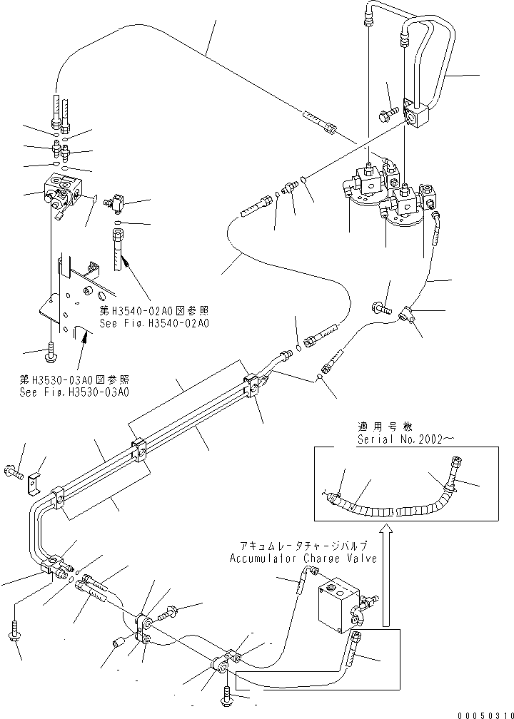 Dump Trucks Komatsu / HM300-2 S/N 2001-2784 (ecot3, For EU)(hm300-2c) / HYDRAULIC PIPING (ACCUMULATOR TO CHARGE VALVE)(#2001-2714)(180640 : H3530-04A0)