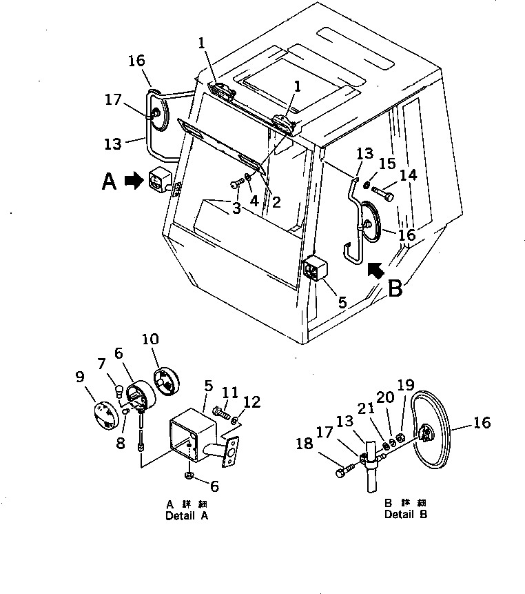 Rollers Komatsu / JV100WA-1 S/N 20003-UP(jv100w0c) / LAMP AND REAR VIEW MIRROR (FOR WITH ROOF DOOR A-TYPE CAB)        (EXCEPT JAPAN)(150300 : 5477)