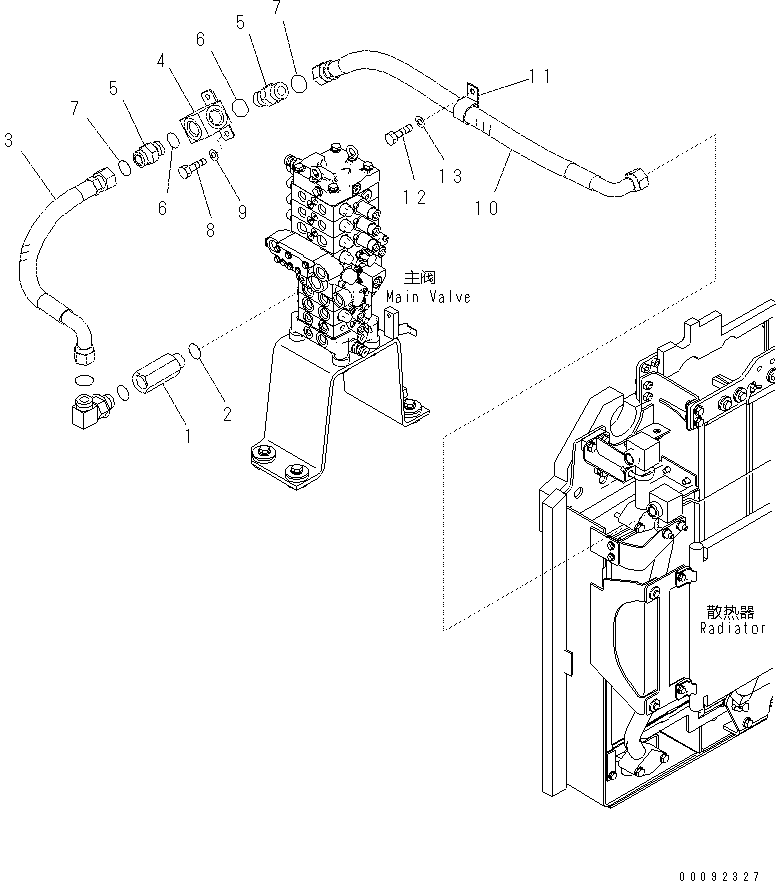 Komatsu parts book diagram for PC70-8 S/N DBBT0001~-up: OIL COOLER PIPING (OIL COOLER TO MAIN VALVE) (PROVISION FOR 1-ADDITIONAL ACTUATOR PIPING)