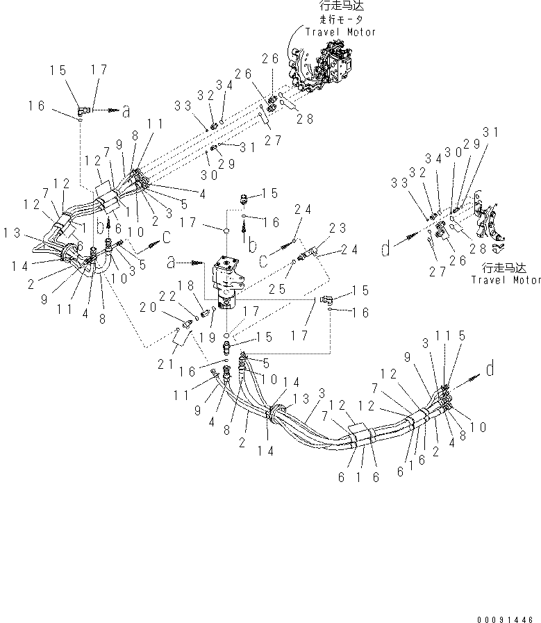 Komatsu parts book diagram for PC70-8 S/N DBBT0001~-up: LOWER HYDRAULIC PIPING (TRAVEL PIPING)