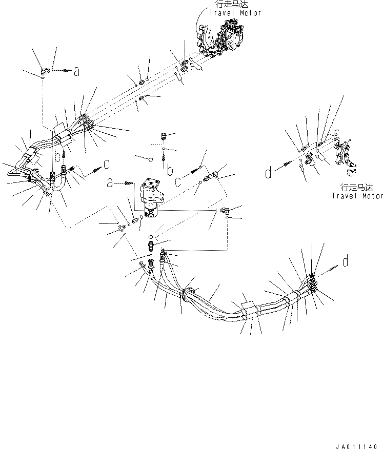 Komatsu parts book diagram for PC70-8 S/N DBBT0001~-up: LOWER HYDRAULIC PIPING (TRAVEL PIPING) (BLADE SPEC.)