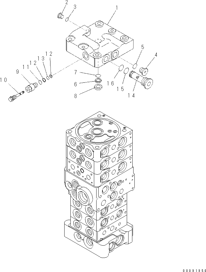 Komatsu parts book diagram for PC70-8 S/N DBBT0001~-up: MAIN VALVE (6-VALVE) (1/16) (WITHOUT BLADE)