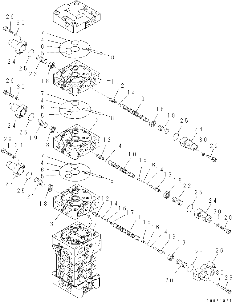 Komatsu parts book diagram for PC70-8 S/N DBBT0001~-up: MAIN VALVE (6-VALVE) (2/16) (WITHOUT BLADE)