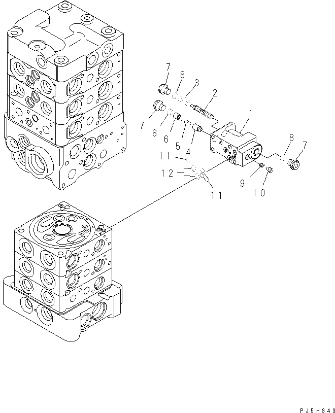 Komatsu parts book diagram for PC70-8 S/N DBBT0001~-up: MAIN VALVE (6-VALVE) (15/16) (WITHOUT BLADE)