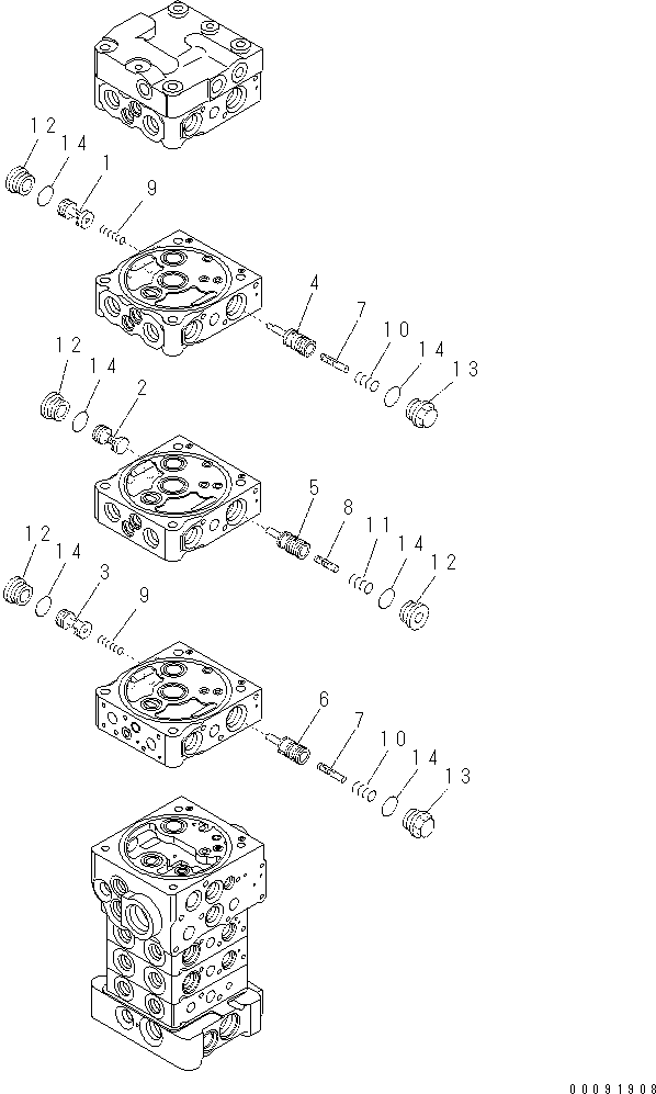 Komatsu parts book diagram for PC70-8 S/N DBBT0001~-up: MAIN VALVE (7-VALVE) (3/18) (ATTACHMENT AND WITHOUT BLADE)