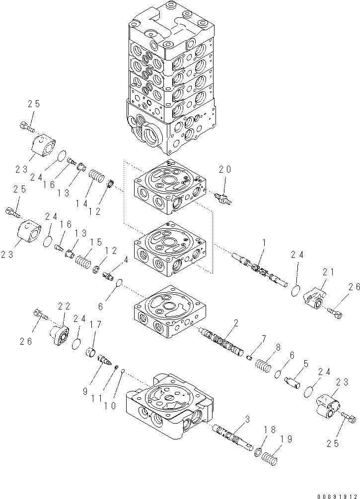 Komatsu parts book diagram for PC70-8 S/N DBBT0001~-up: MAIN VALVE (7-VALVE) (8/18) (ATTACHMENT AND WITHOUT BLADE)