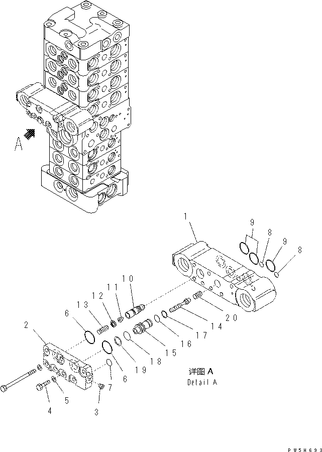 Komatsu parts book diagram for PC70-8 S/N DBBT0001~-up: MAIN VALVE (7-VALVE) (14/18) (ATTACHMENT AND WITHOUT BLADE)