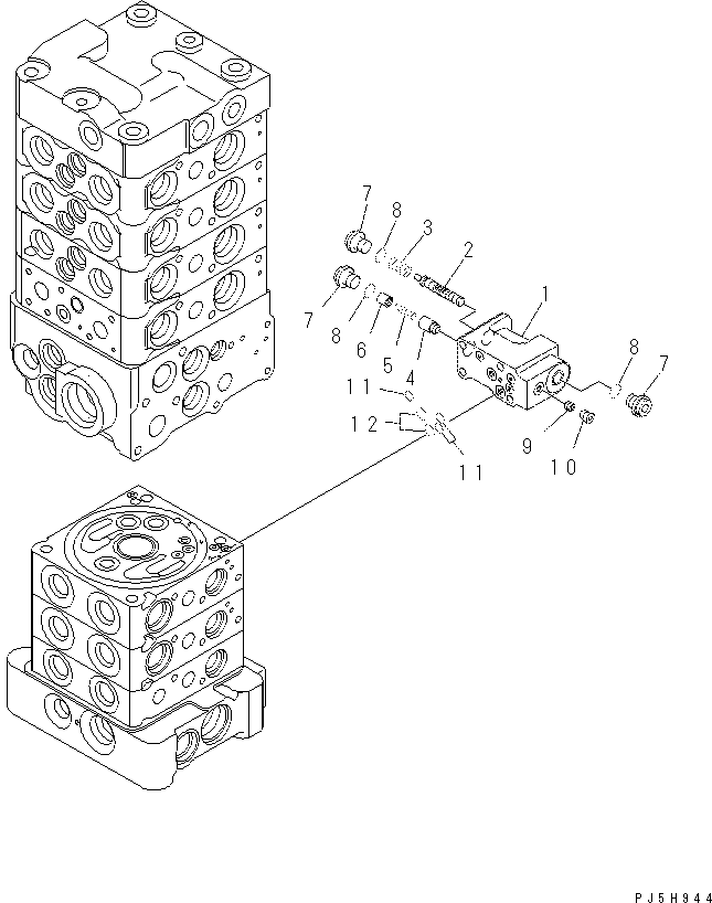 Komatsu parts book diagram for PC70-8 S/N DBBT0001~-up: MAIN VALVE (7-VALVE) (15/18) (ATTACHMENT AND WITHOUT BLADE)