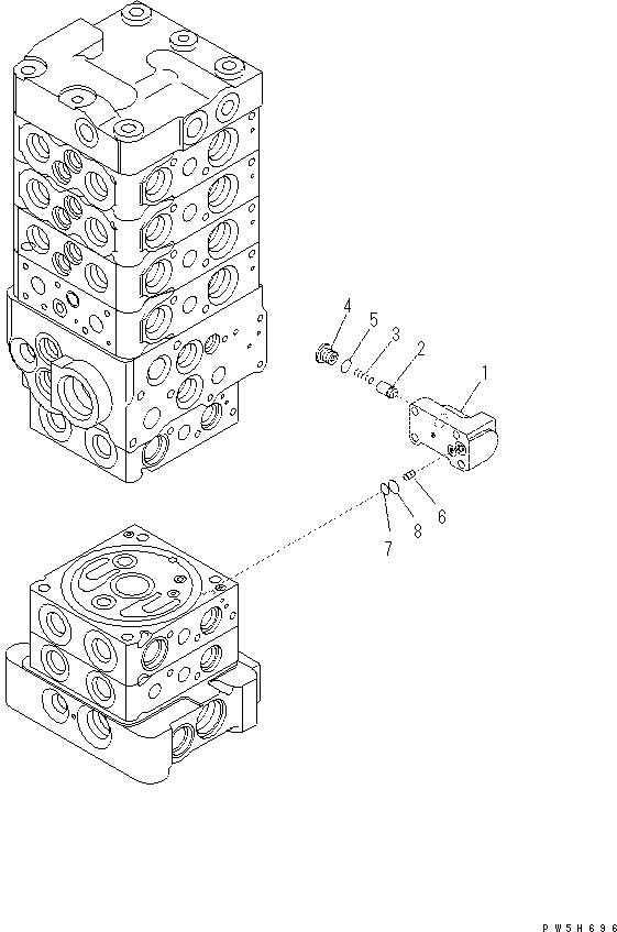 Komatsu parts book diagram for PC70-8 S/N DBBT0001~-up: MAIN VALVE (7-VALVE) (16/18) (ATTACHMENT AND WITHOUT BLADE)