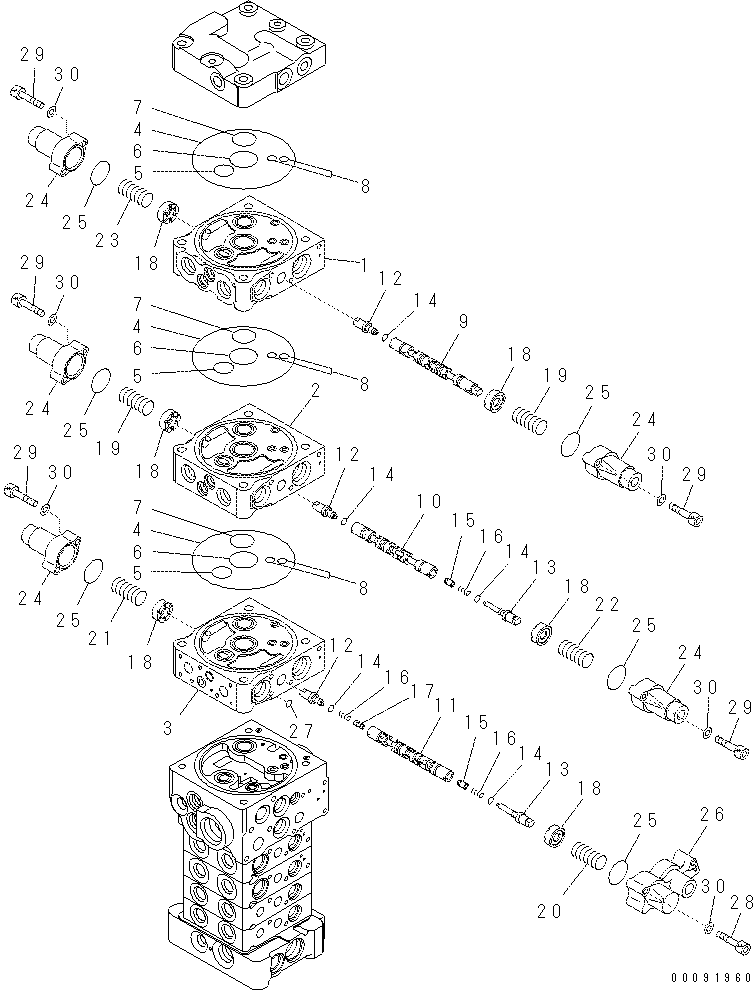 Komatsu parts book diagram for PC70-8 S/N DBBT0001~-up: MAIN VALVE (7-VALVE) (2/18) (WITH BLADE)