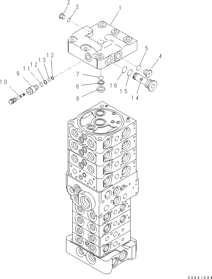 Komatsu parts book diagram for PC70-8 S/N DBBT0001~-up: MAIN VALVE (8-VALVE) (1/20) (ATTACHMENT AND WITH BLADE)