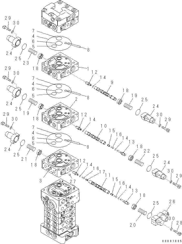 Komatsu parts book diagram for PC70-8 S/N DBBT0001~-up: MAIN VALVE (8-VALVE) (2/20) (ATTACHMENT AND WITH BLADE)