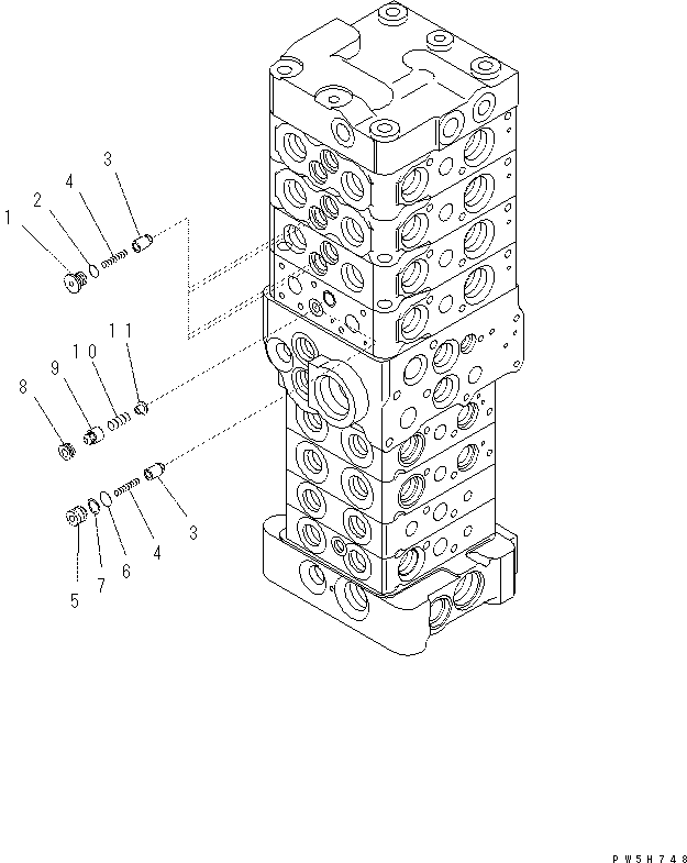 Komatsu parts book diagram for PC70-8 S/N DBBT0001~-up: MAIN VALVE (8-VALVE) (4/20) (ATTACHMENT AND WITH BLADE)
