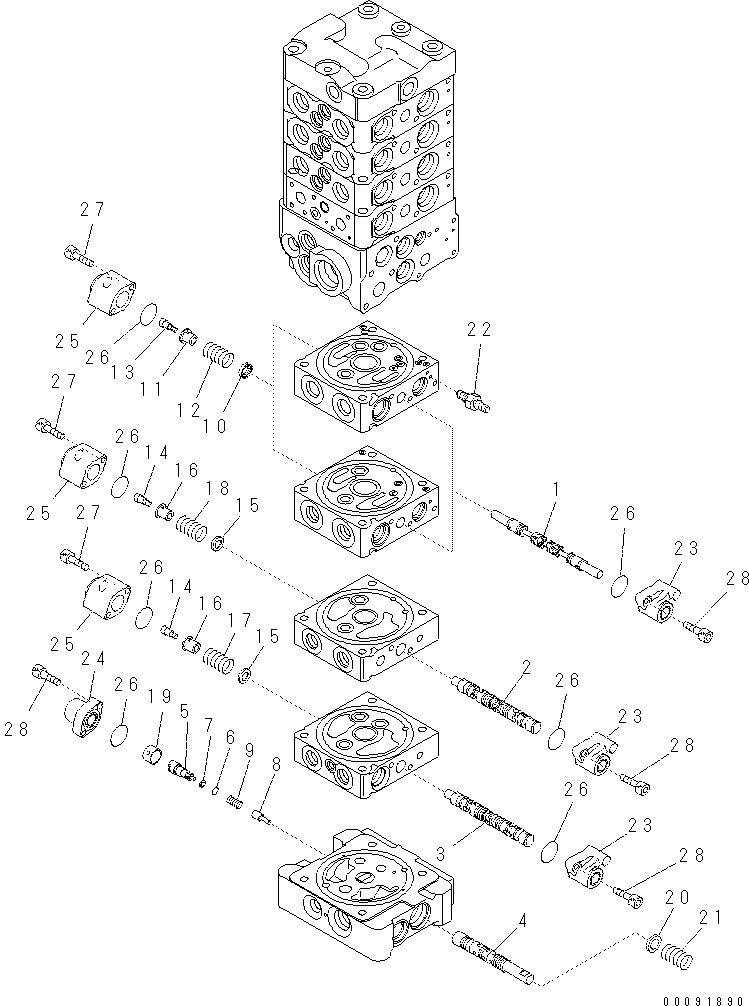 Komatsu parts book diagram for PC70-8 S/N DBBT0001~-up: MAIN VALVE (8-VALVE) (8/20) (ATTACHMENT AND WITH BLADE)