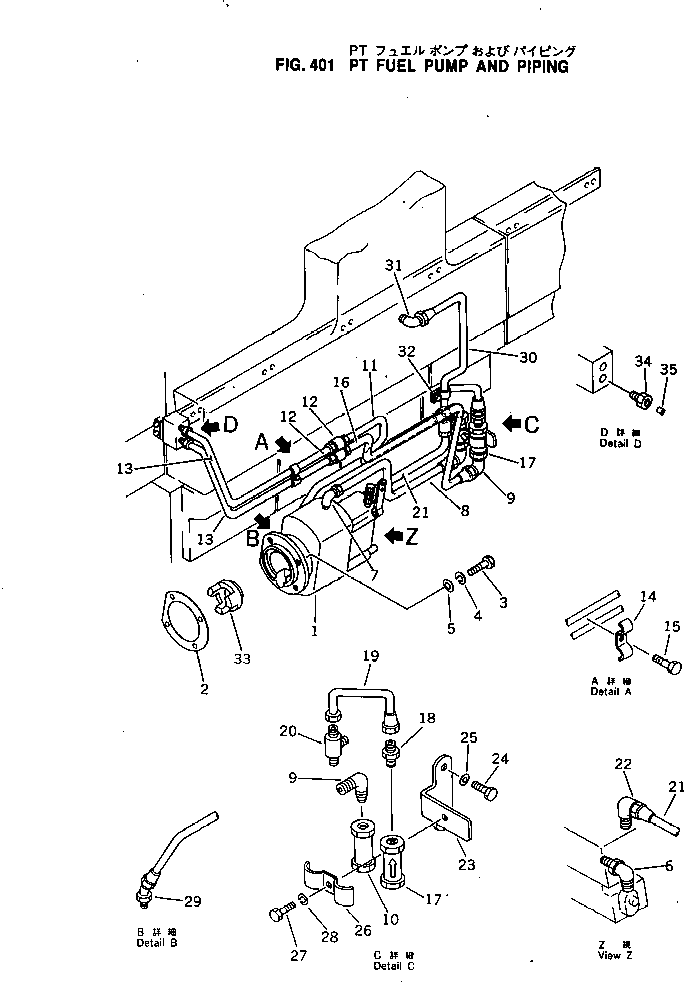 Komatsu parts book diagram for KT-1150-1A S/N 101153-UP: PT FUEL PUMP AND PIPING