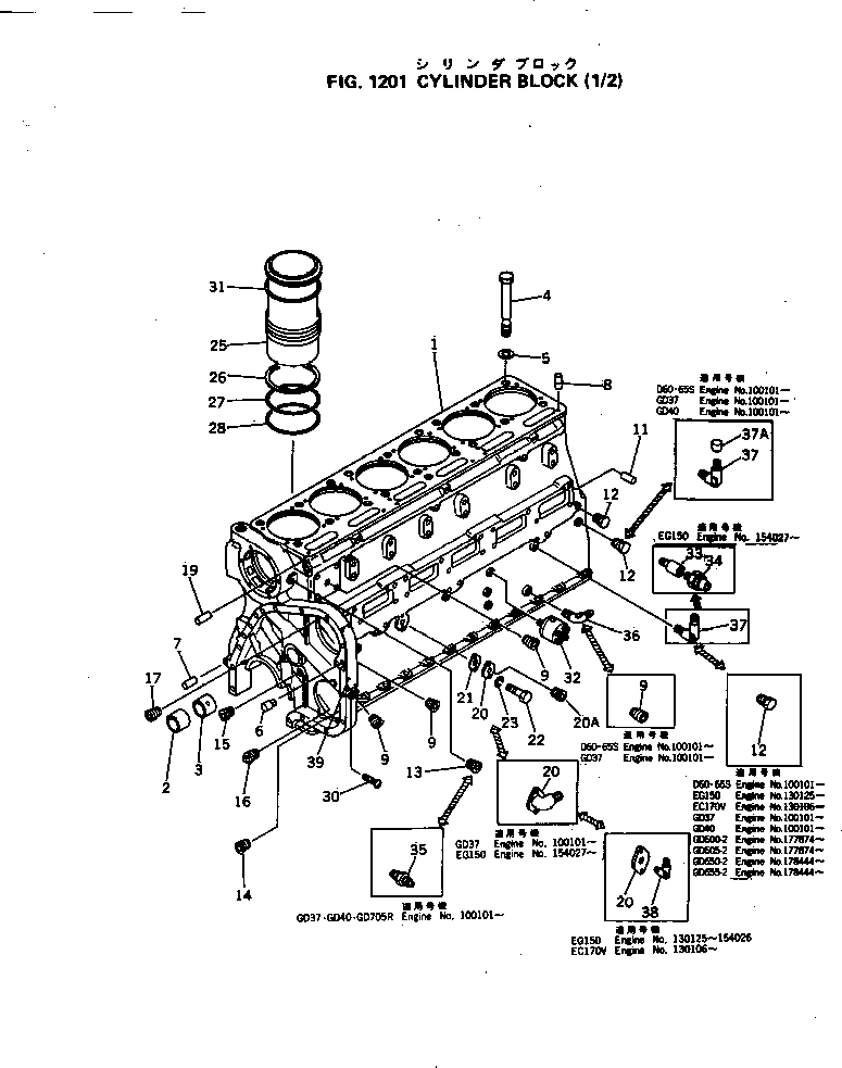 Komatsu parts book diagram for NH-220-CI-2V S/N 141402-UP: CYLINDER BLOCK (1/2)