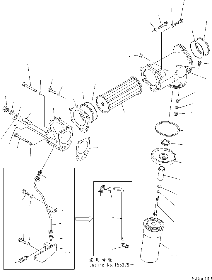 Komatsu parts book diagram for NT-855-1A S/N 139838-UP: LUBRICATING OIL COOLER AND OIL FILTER