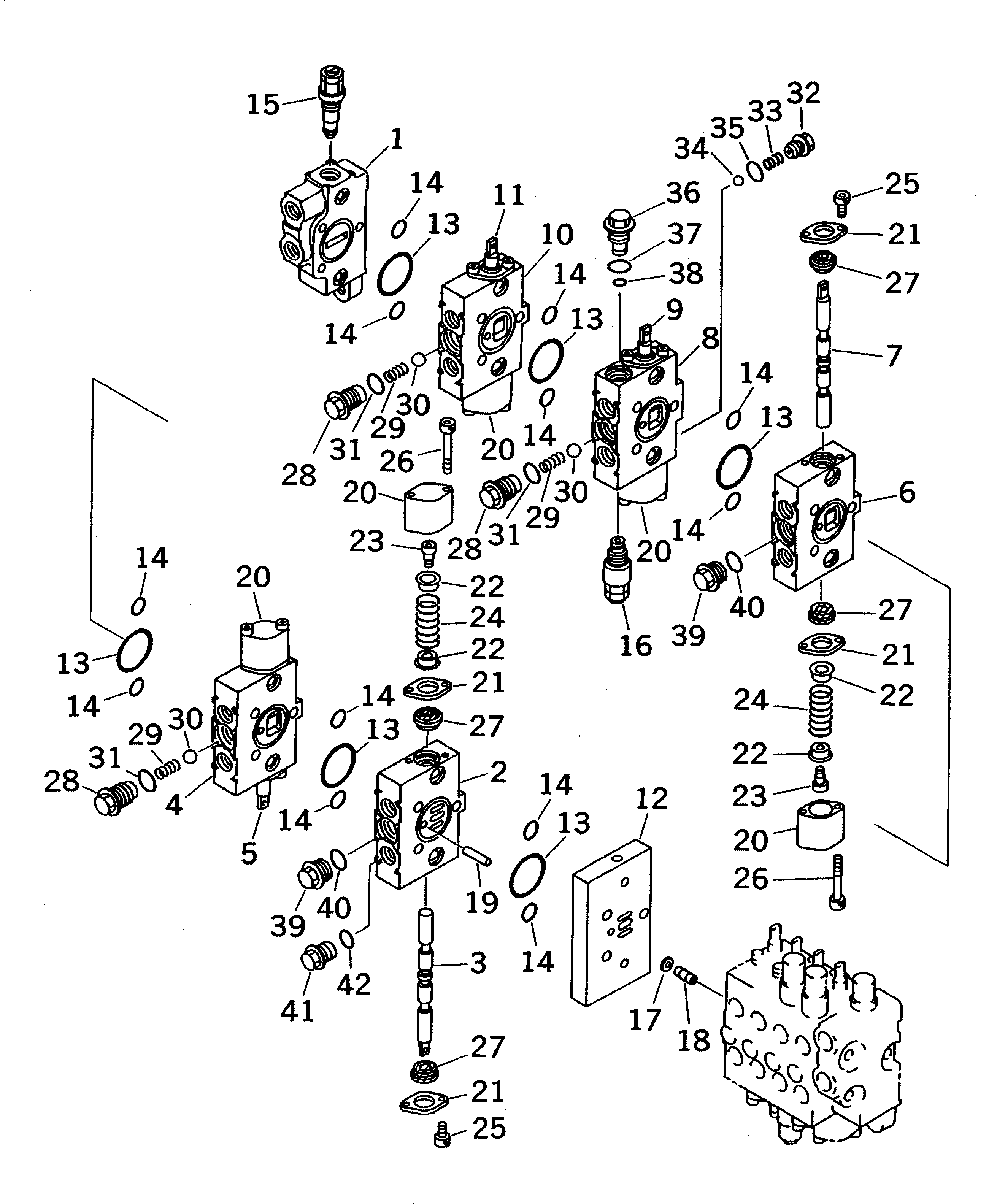 Komatsu parts book diagram for PC03-2 S/N 15001-UP: HYDRAULIC CONTROL VALVE (9-SPOOL) (2/3) (INNER PARTS)