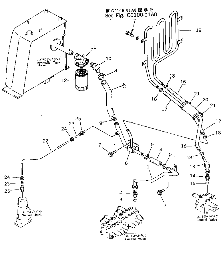 Komatsu parts book diagram for PC07-2 S/N 3001-UP: HYDRAULIC PIPING  (RETURN AND DRAIN LINE)(#3001-5460)