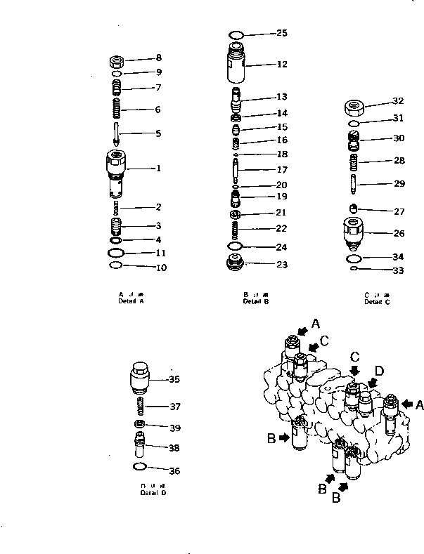 Komatsu parts book diagram for PC10-7 S/N 25001-UP: HYDRAULIC CONTROL VALVE (7-SPOOL)(3/3)(#25001-27776)