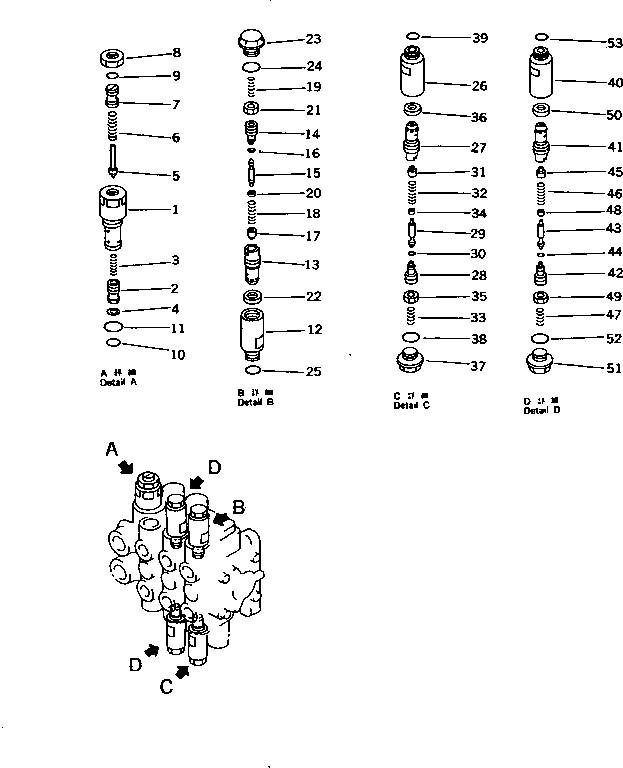 Komatsu parts book diagram for PC10-7 S/N 25001-UP: HYDRAULIC CONTROL VALVE (3-SPOOL) (2/2) (FOR ROWER TILT          MECHANICAL ANGLE BLADE)