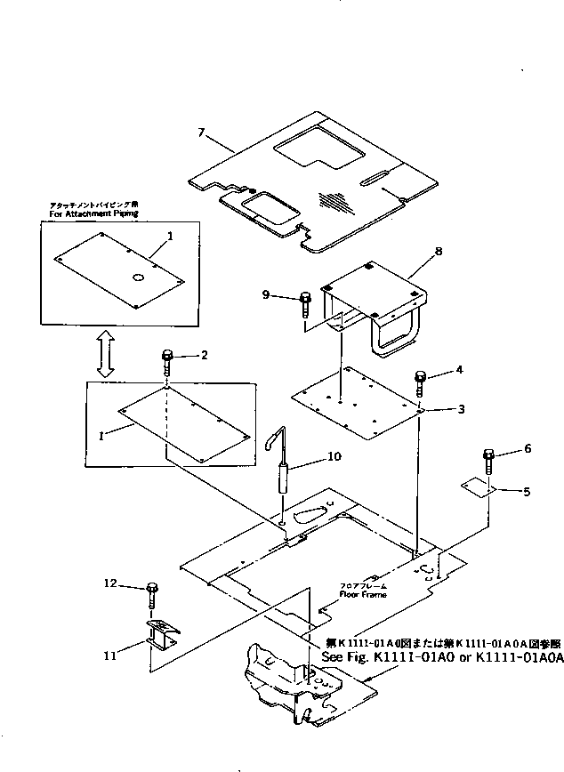 Komatsu parts book diagram for PC10-7 S/N 25001-UP: FLOOR PLATE AND SWING LOCK PIN (FOR CANOPY)(#25001-27776)
