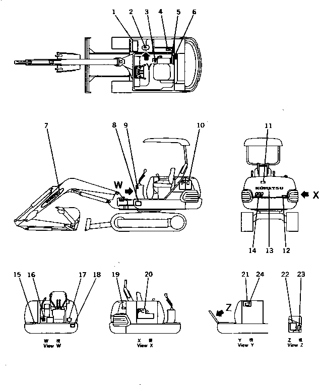 Komatsu parts book diagram for PC10-7 S/N 25001-UP: MARKS AND PLATES (JIS PATTERN) (JAPANESE) (FOR CANOPY)(#25001-26598)