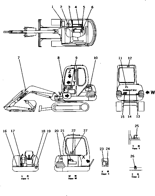 Komatsu parts book diagram for PC10-7 S/N 25001-UP: MARKS AND PLATES (JIS PATTERN) (JAPANESE) (FOR CAB)(#25001-26598)