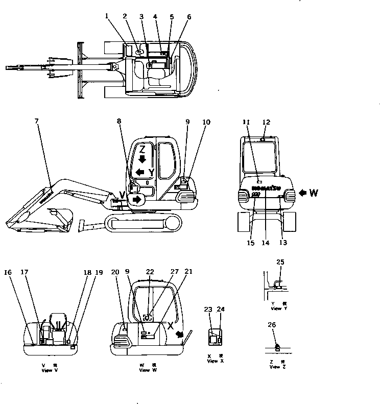 Komatsu parts book diagram for PC10-7 S/N 25001-UP: MARKS AND PLATES (JIS PATTERN) (JAPANESE) (FOR CAB)(#26599-)