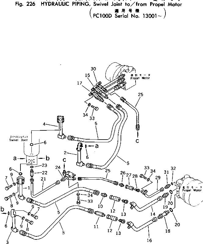 Komatsu parts book diagram for PC100-2 S/N 13001-UP: HYDRAULIC PIPING ? SWIVEL JOINT T/F PROPEL MOTOR (PC100D)