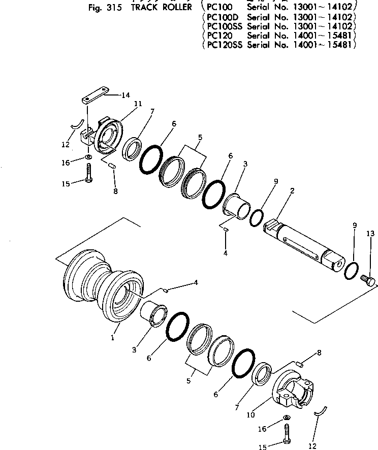 Komatsu parts book diagram for PC100-2 S/N 13001-UP: TRACK ROLLER(#13001-14102)