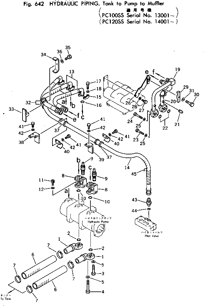 Komatsu parts book diagram for PC100-2 S/N 13001-UP: HYDRAULIC PIPING (TANK TO PUMP TO MUFFLER) (PC100SS)