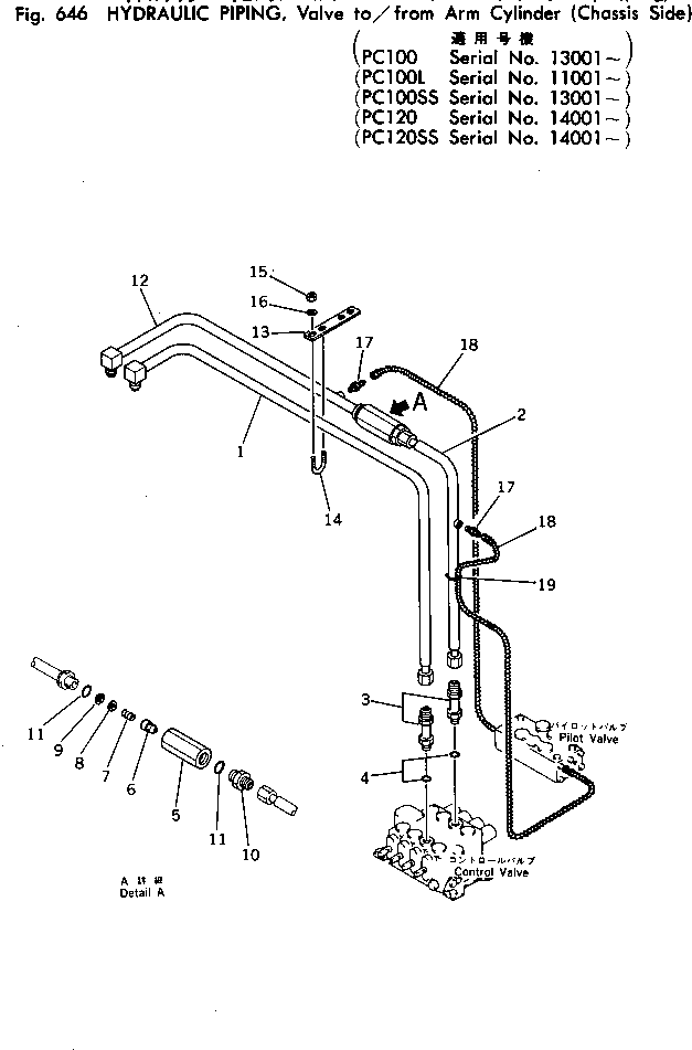 Komatsu parts book diagram for PC100-2 S/N 13001-UP: HYD. PIPING (VALVE T/F ARM CYL.)(CHA. SIDE)(PC100)(PC100SS)