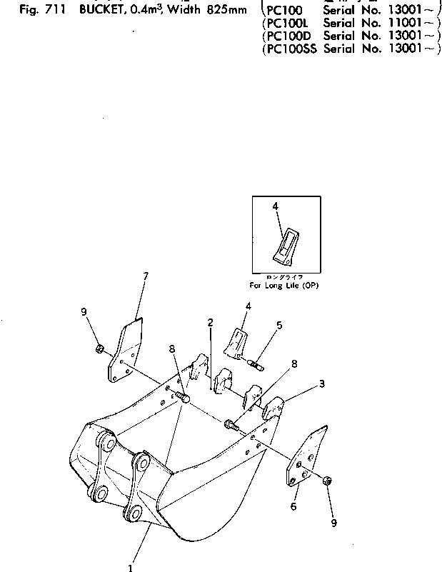 Komatsu parts book diagram for PC100-2 S/N 13001-UP: BUCKET ? 0.4M3 ? WIDTH 825MM