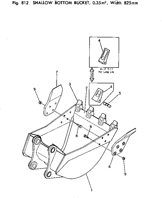 Komatsu parts book diagram for PC100-2 S/N 13001-UP: SHALLOW BOTTOM BUCKET ?0.35M3 ? WIDTH 825MM