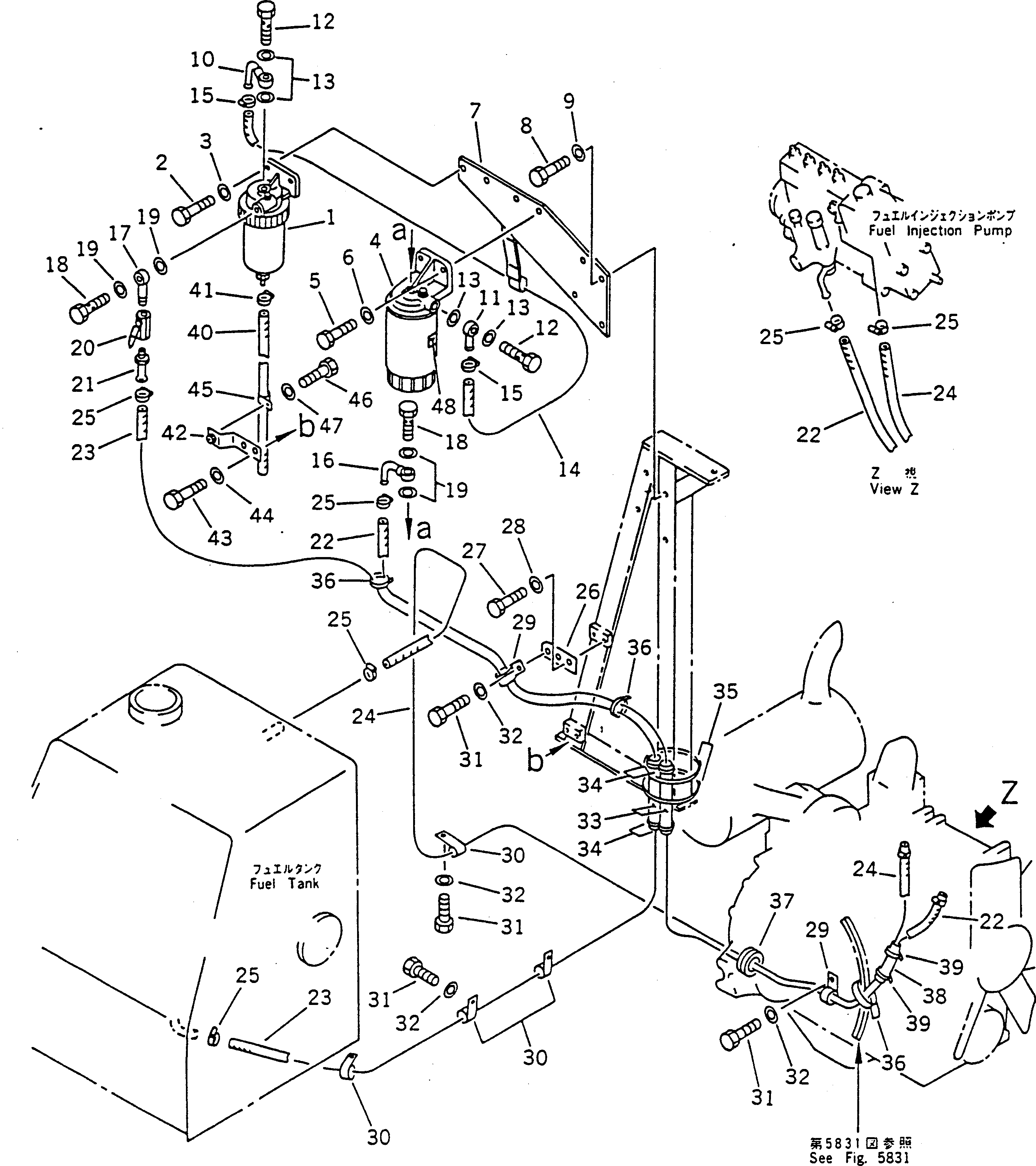 Komatsu parts book diagram for PC100-5 S/N 28001-UP: FUEL PIPING (WITH WATER SEPARATOR AND ADDITONAL FILTER)          (EXCEPT JAPAN)