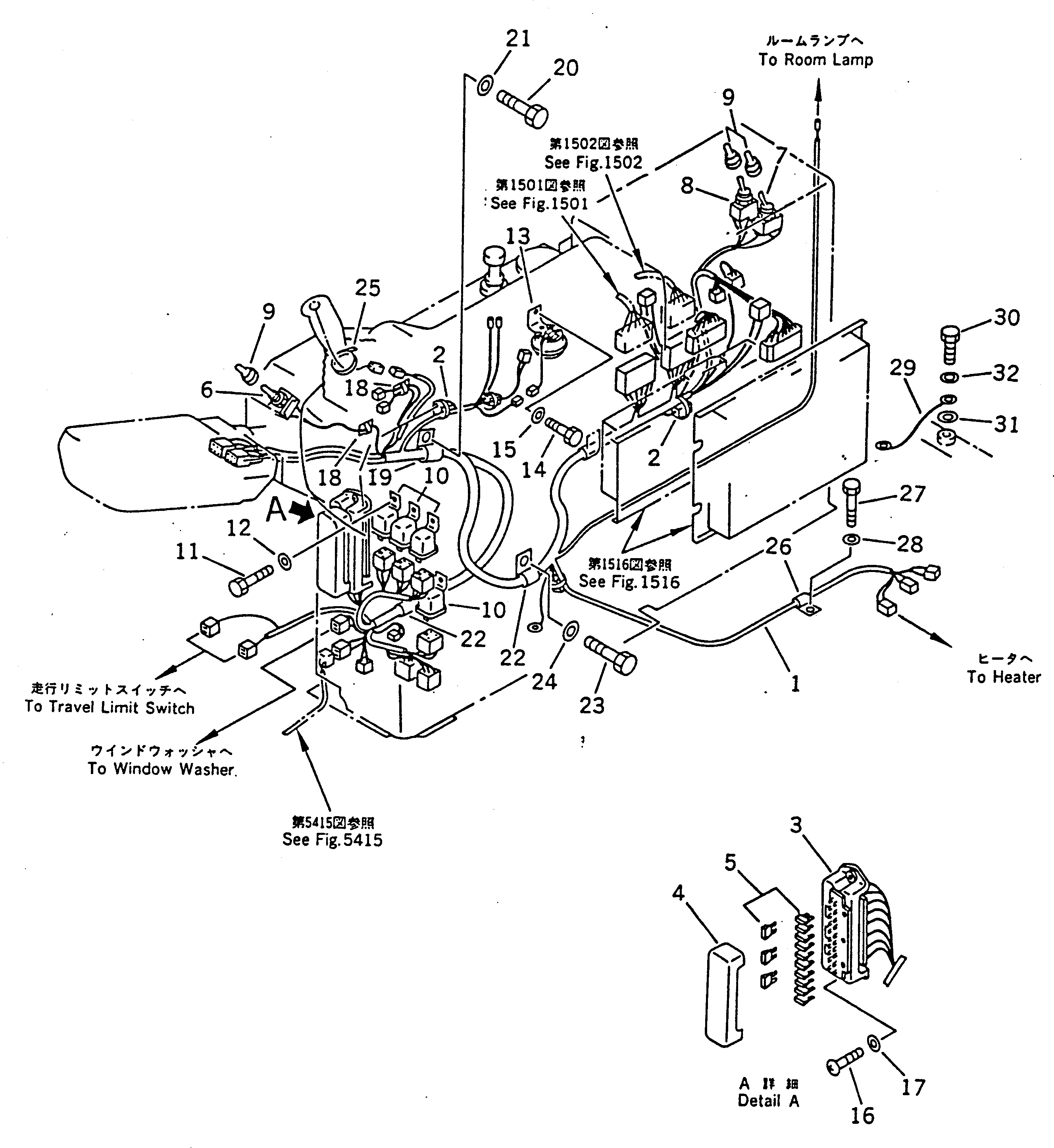 Komatsu parts book diagram for PC100-5 S/N 28001-UP: ELECTRICAL SYSTEM (INSTRUMENT PANEL LINE) (1/2)                  (FOR WRIST CONTROL LEVER)