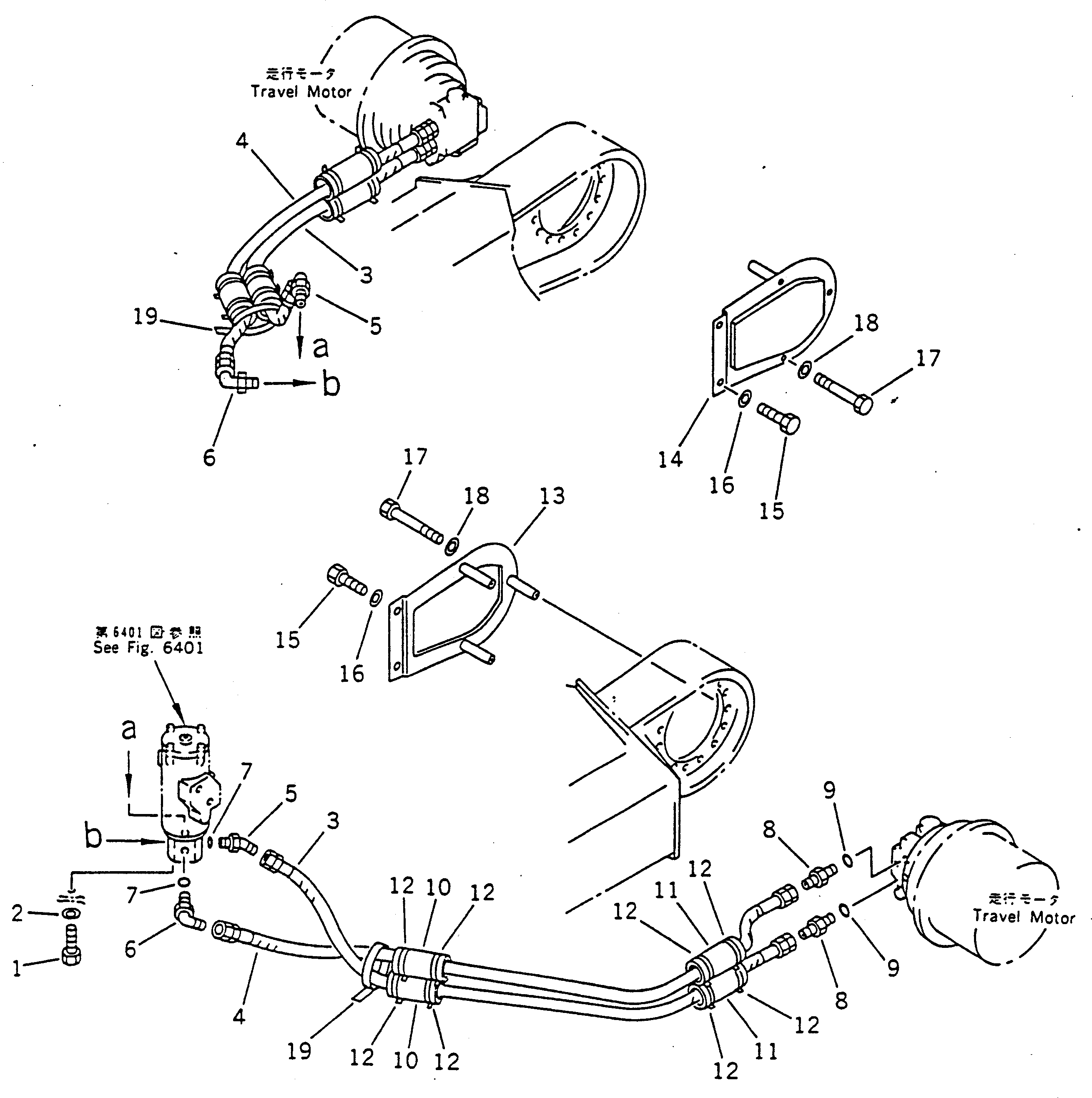 Komatsu parts book diagram for PC100-5 S/N 28001-UP: HYDRAULIC PIPING  (TRAVEL MOTOR LINE) (LOWER 1/2)