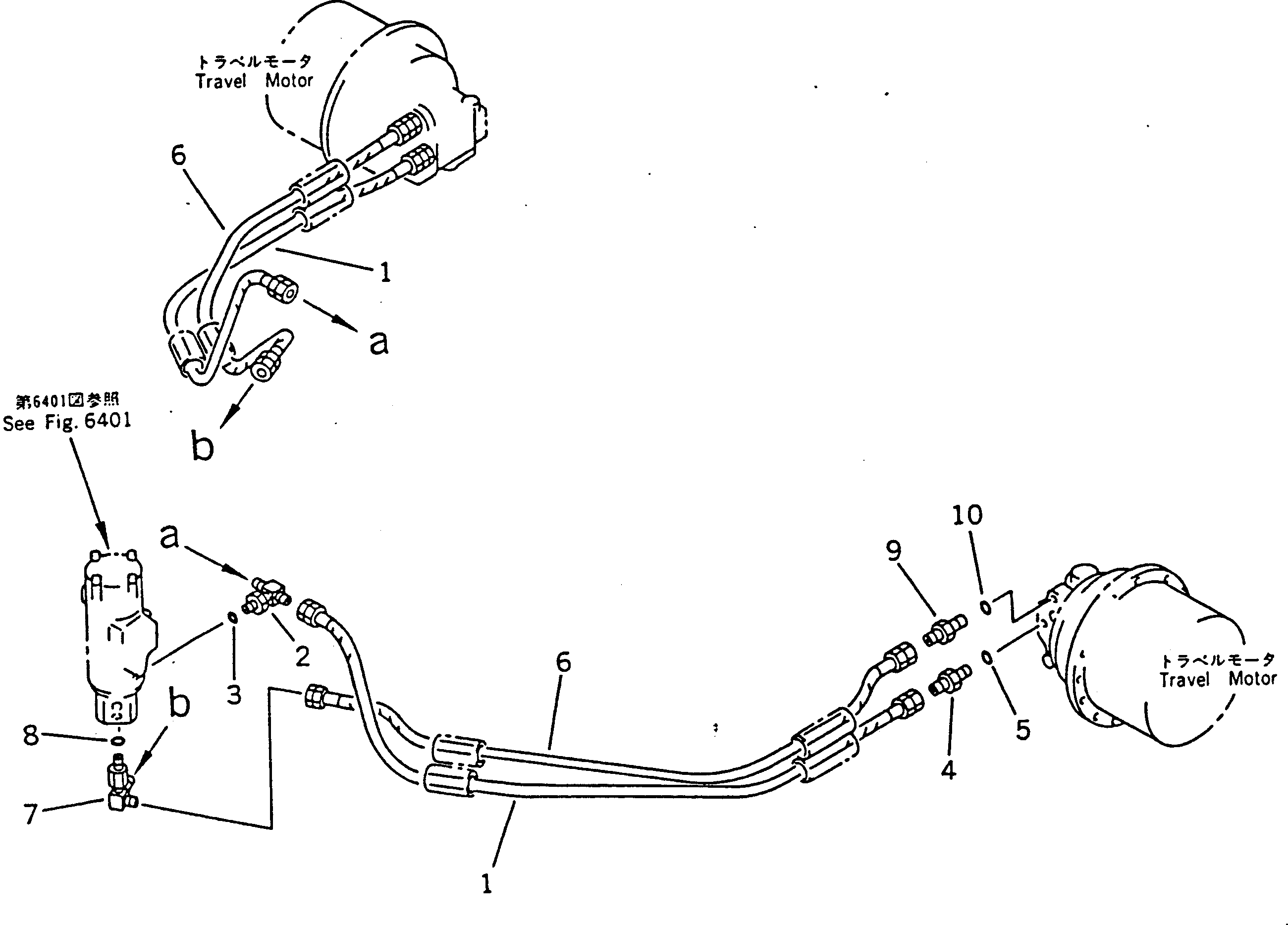 Komatsu parts book diagram for PC100-5 S/N 28001-UP: HYDRAULIC PIPING (TRAVEL MOTOR LINE) (LOWER 2/2)