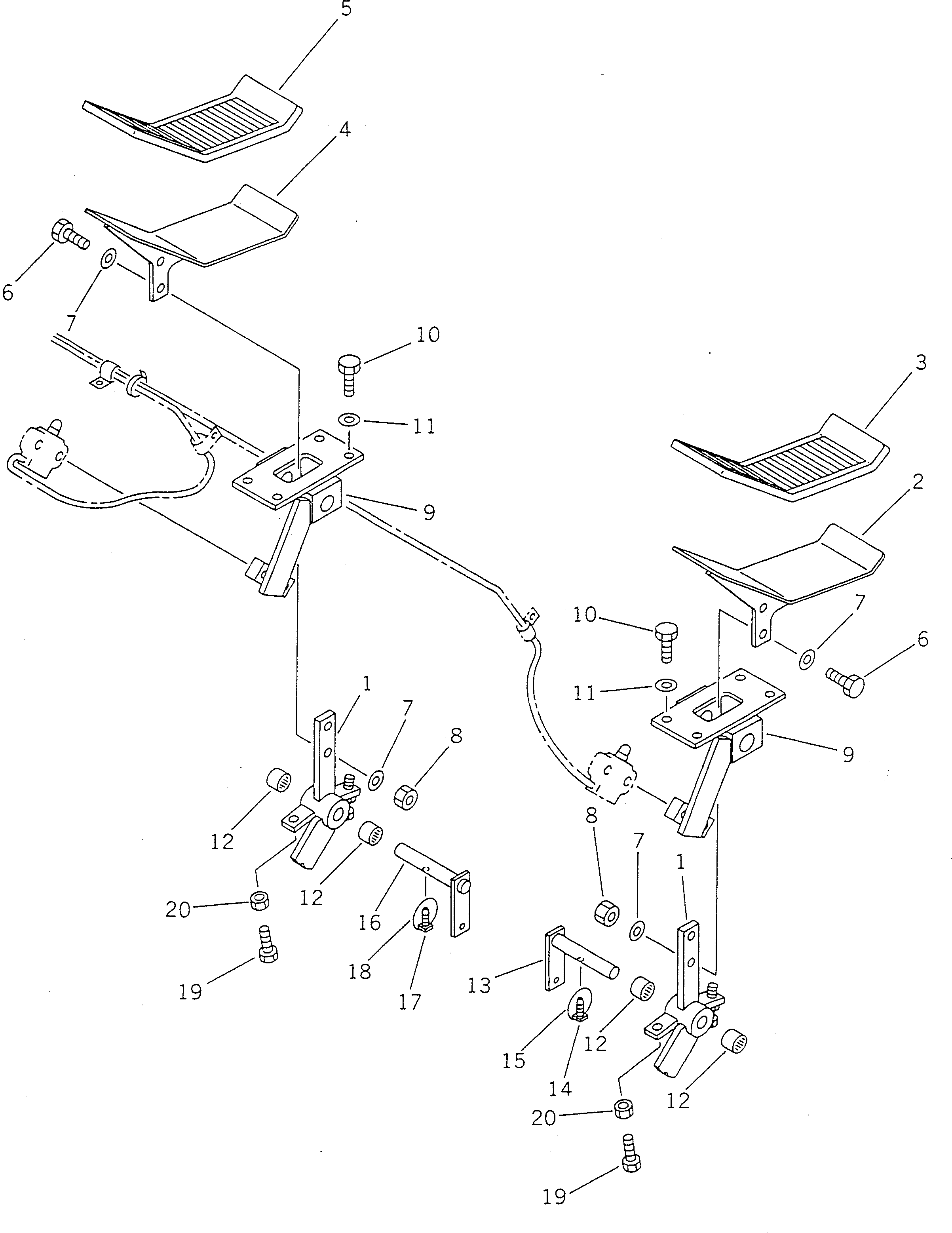 Komatsu parts book diagram for PC100-5 S/N 28001-UP: CONTROL PEDAL AND LINKAGE (1/2) (2-ACTUATER ATTACHMENT)
