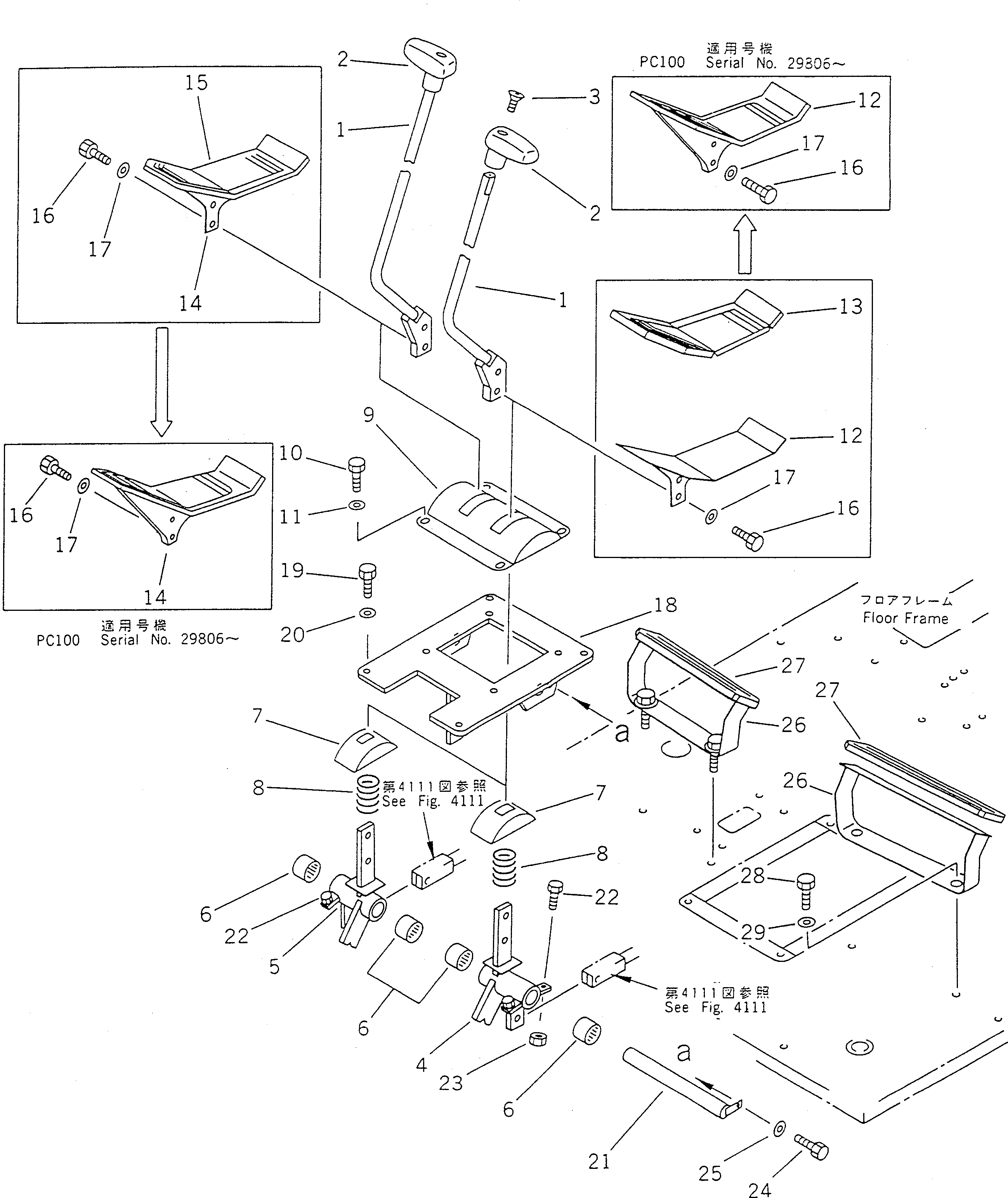 Komatsu parts book diagram for PC100-5 S/N 28001-UP: TRAVEL CONTROL LEVER AND PEDAL (FOR WRIST CONTROL LEVER)