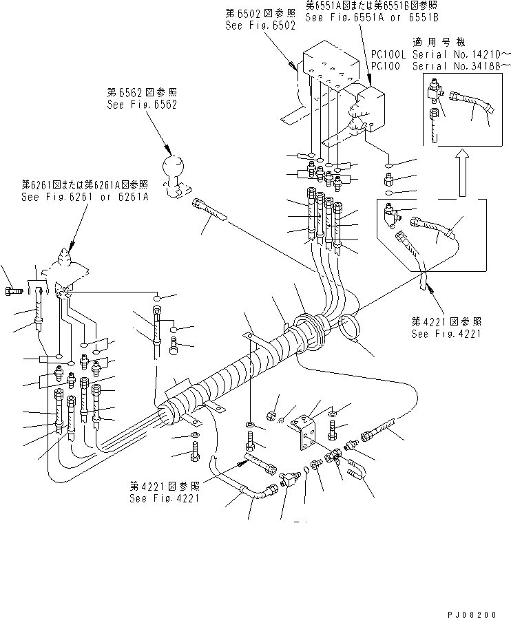 Komatsu parts book diagram for PC100-5 S/N 28001-UP: HYDRAULIC PIPING (WORK EQUIPMENT CONTROL ? L.H.) (FOR LONG LEVER) (KOMATSU PATTERN #29993-34684)(#29993-)