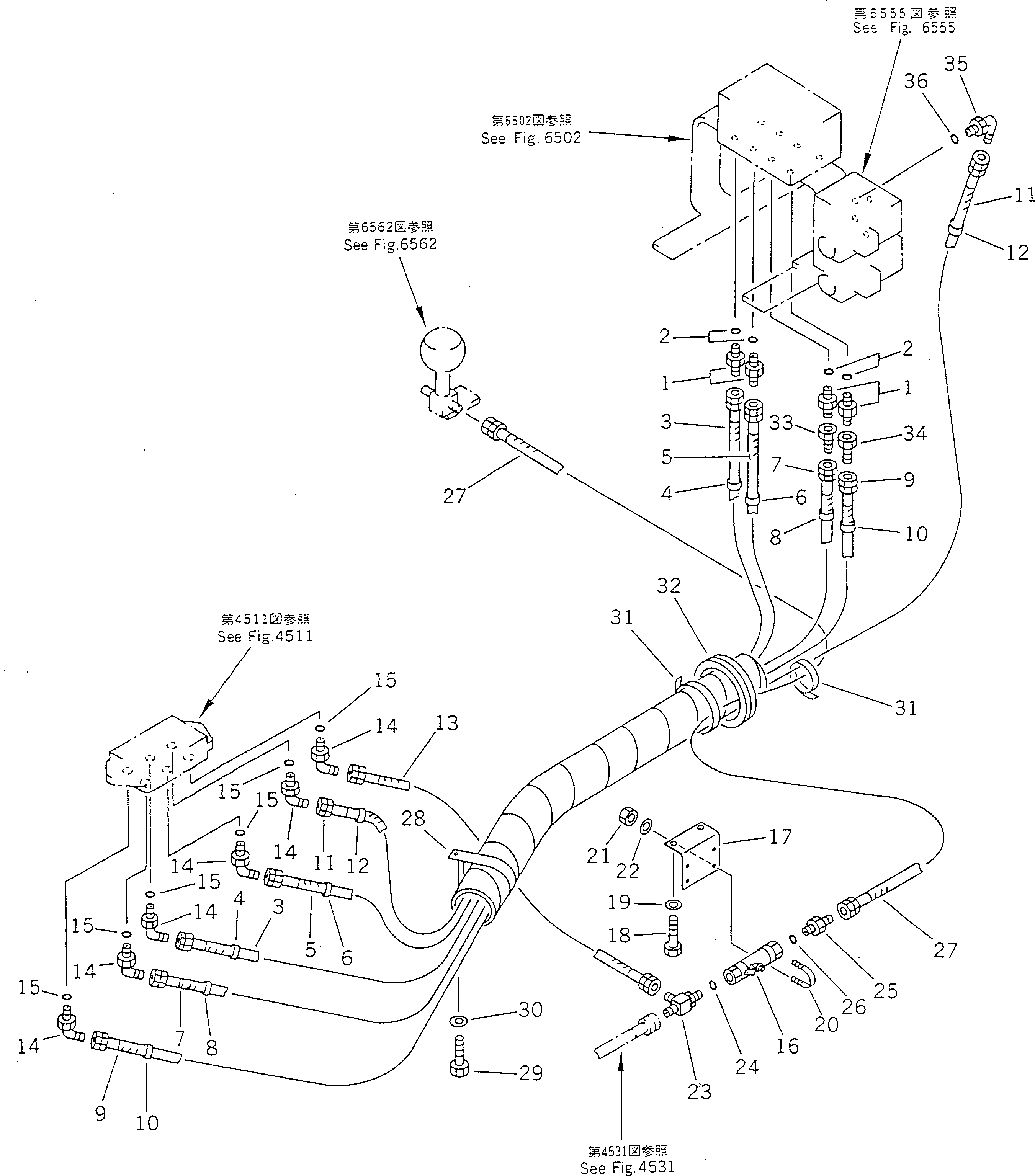 Excavators Komatsu / PC100-5 S/N 28001-UP(pc100-5c) / HYDRAULIC PIPING (WORK EQUIPMENT CONTROL ? L.H.) (FOR WRIST       CONTROL LEVER) (EXCEPT JAPAN)(#28001-29805)(120270 : 4525)
