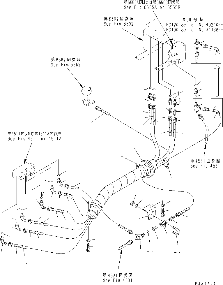 Excavators Komatsu / PC100-5 S/N 28001-UP(pc100-5c) / HYDRAULIC PIPING (WORK EQUIPMENT CONTROL ? L.H.) (FOR WRIST       CONTROL LEVER) (EXCEPT JAPAN)(#29993-)(120290 : 4525B)