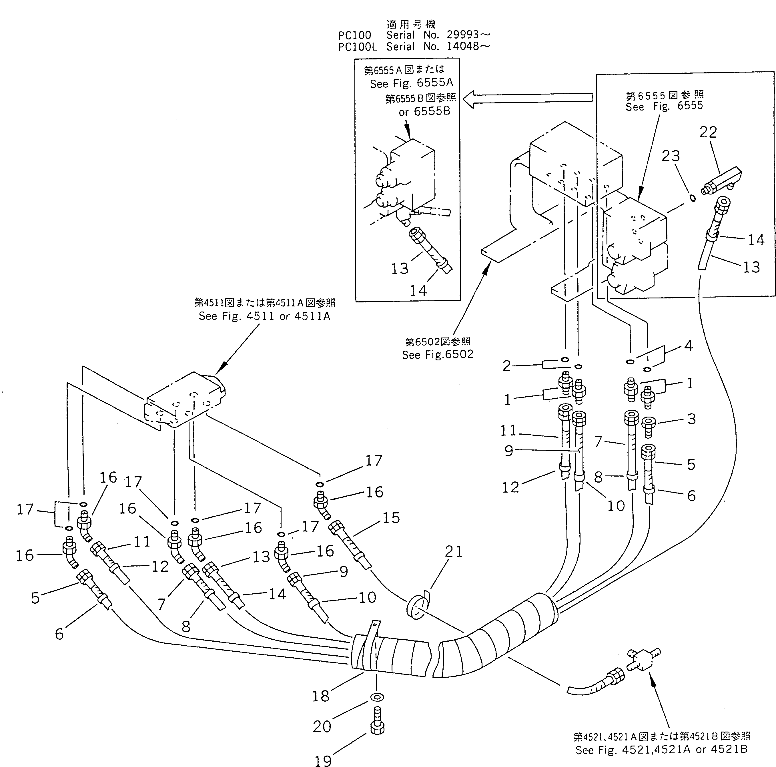Komatsu parts book diagram for PC100-5 S/N 28001-UP: HYDRAULIC PIPING (WORK EQUIPMENT CONTROL ? R.H.)                  (FOR WRIST CONTROL LEVER)