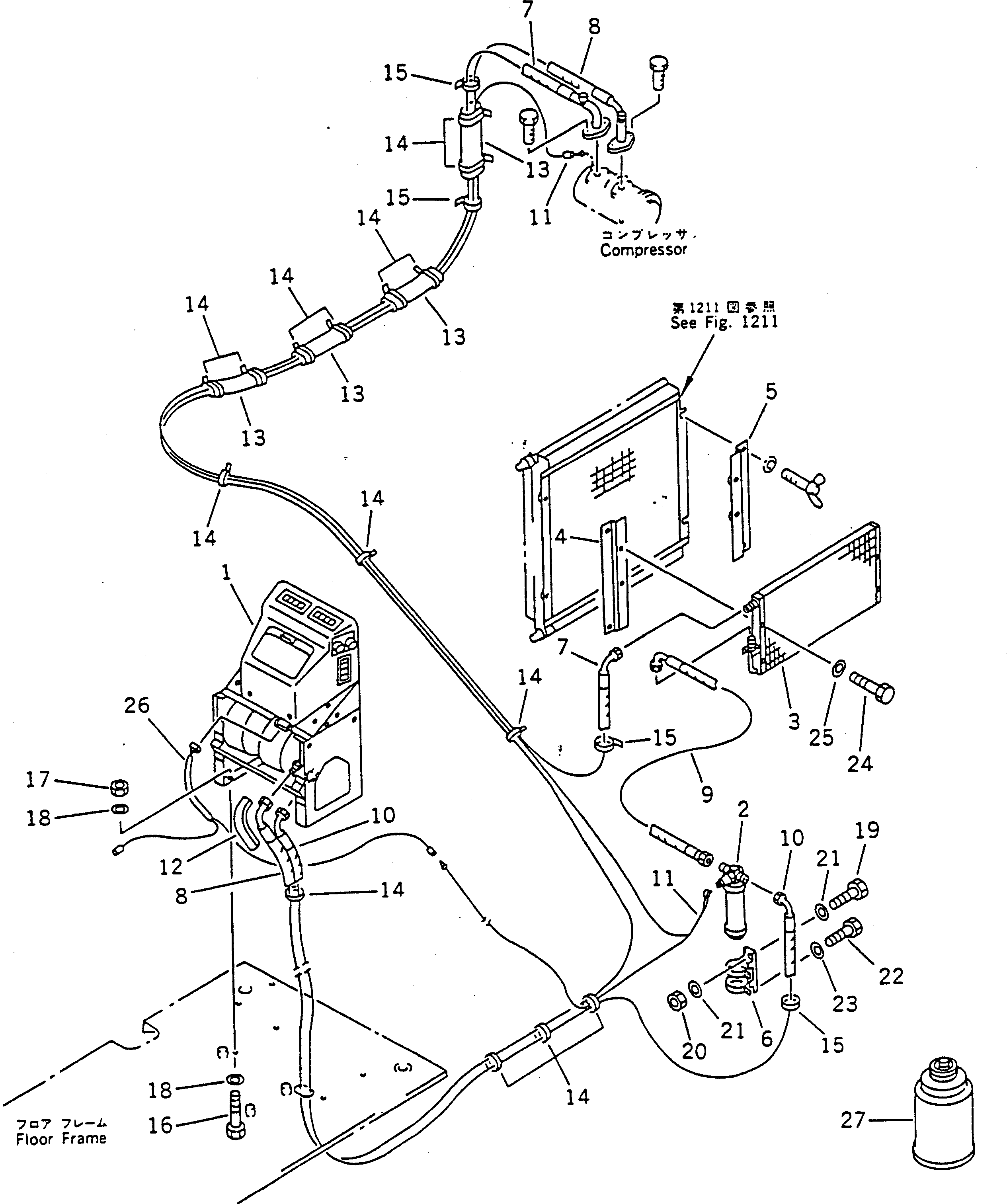 Komatsu parts book diagram for PC100-5 S/N 28001-UP: CAR COOLER AND PIPING(#28001-30082)