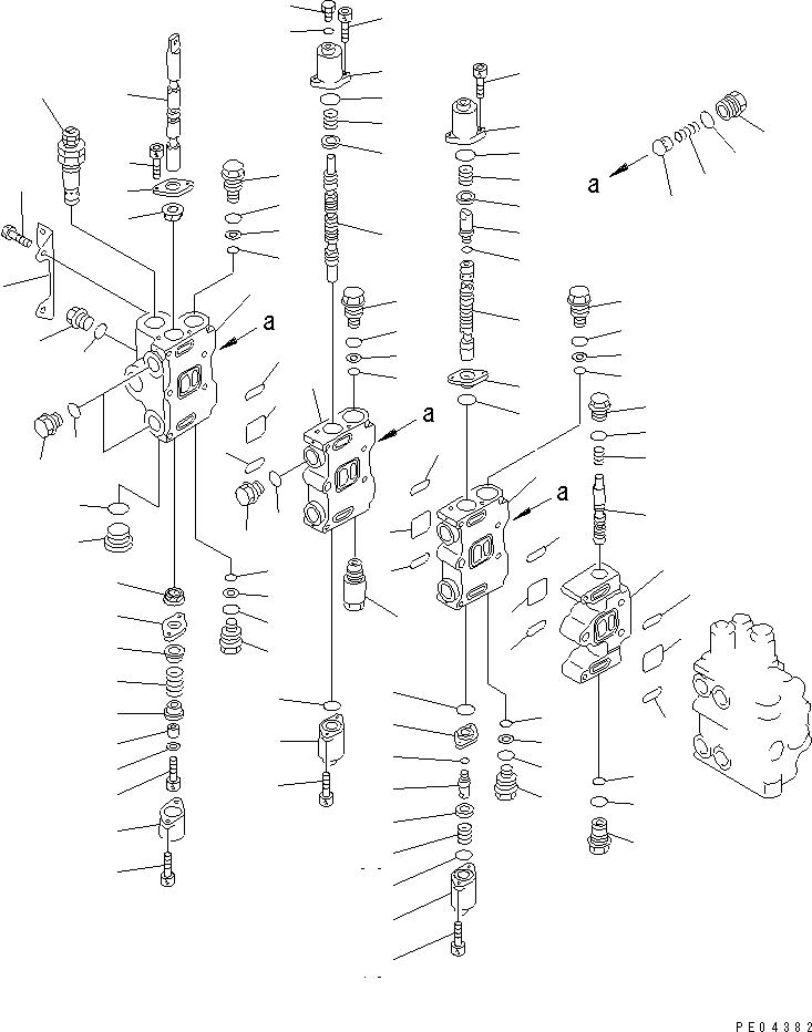 Komatsu parts book diagram for PC100-5 S/N 28001-UP: HYDRAULIC CONTROL VALVE L.H. (1/4) (FOR ADDITIONAL CIRCUIT LINE  ATTACHMENT)
