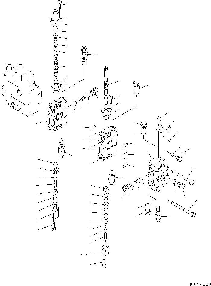 Komatsu parts book diagram for PC100-5 S/N 28001-UP: HYDRAULIC CONTROL VALVE L.H. (2/4) (FOR ADDITIONAL CIRCUIT LINE  ATTACHMENT)